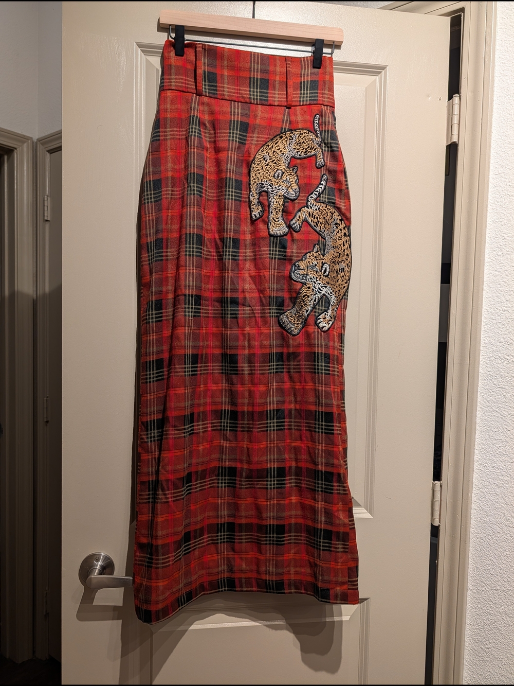 Dressed In Lala Plaid Red High-Waist Maxi Skirt with Leopard Embroidery - Picture 2 of 5